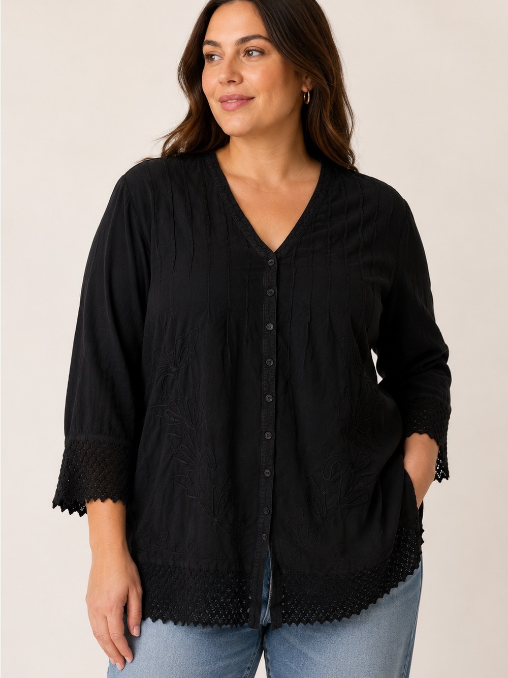Soft Surroundings Black Embroidered Cotton Tunic Top 3X Crochet Trim Boho